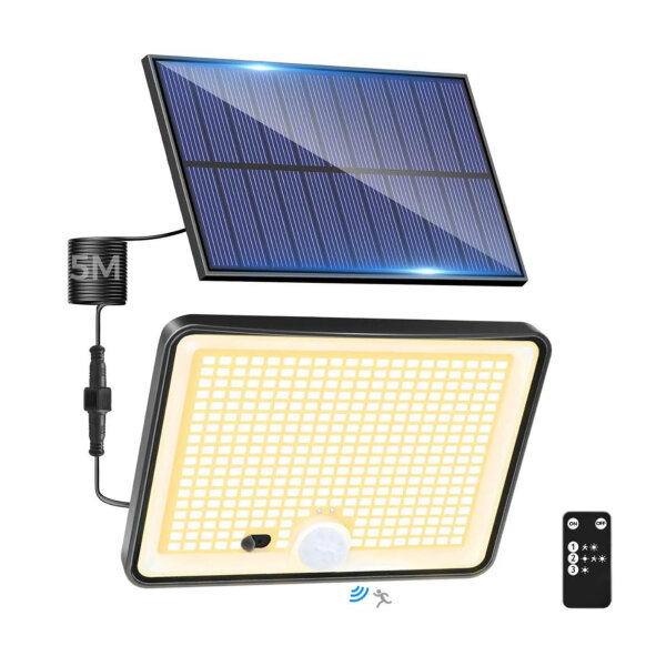 LOTMOS Solarlampe, 342 LED, Außenleuchte, IP65 wasserdicht, 3 Modi, Bewegungsmelder, Fernbedienung, ideal für Garten und Garage.
