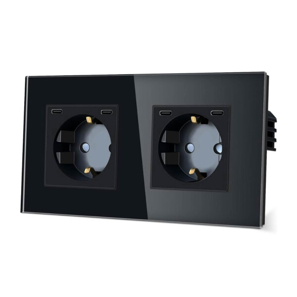 TAWOIA Schuko Steckdose, USB Type C, Schnellladung, 2-fach, EU-Standard, Kristallglas, schwarz, 86*157mm
