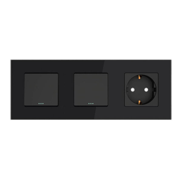 TAWOIA light switch 1 way, flush-mounted, glass plate, Schuko socket, 86x228mm, black, elegant and functional.