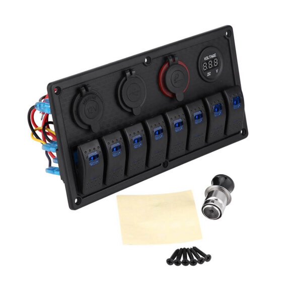 KIMISS 8 Gang Switch Panel, 12V/24V, LED Rocker Switch, Dual USB, Digital Voltmeter, SPST, for Yacht, Caravan, Car