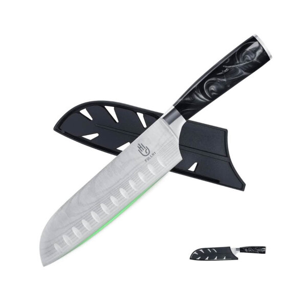 Fulli Santoku-Messer, 7 Zoll, Edelstahl, 2-teilig, schwarz, ideal für Sushi, präzise Schneide.