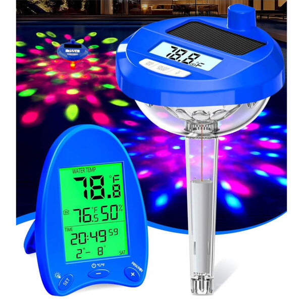 DeeprBlu 2025 Poolthermometer | Funk, Solar, LED-Lichtshow, duales Display, 200m Reichweite, schwimmend für Pools & Spas.