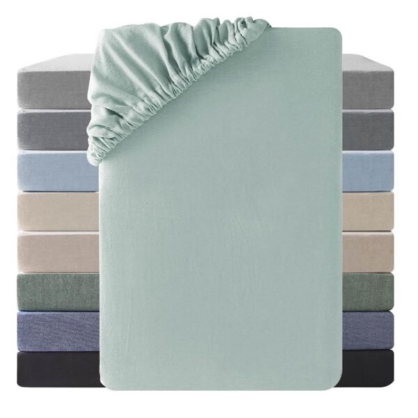 SOULFUL fitted sheet 140x200cm, 100% washed cotton, breathable, linen-like feel, for mattresses up to 25cm, light green.