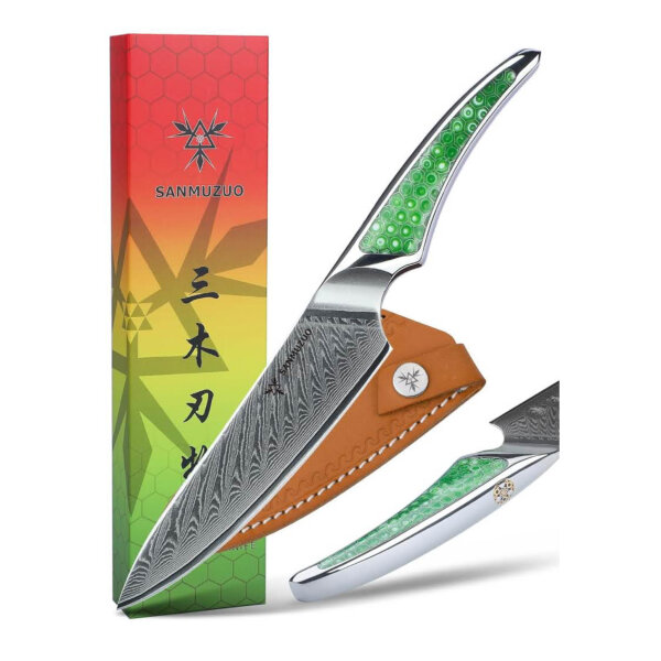 SANMUZUO 13CM utility knife, VG-10 Damascus steel, ultra sharp, ergonomic green resin handle, LA-S9 series.