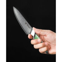 SANMUZUO 13CM utility knife, VG-10 Damascus steel, ultra sharp, ergonomic green resin handle, LA-S9 series.