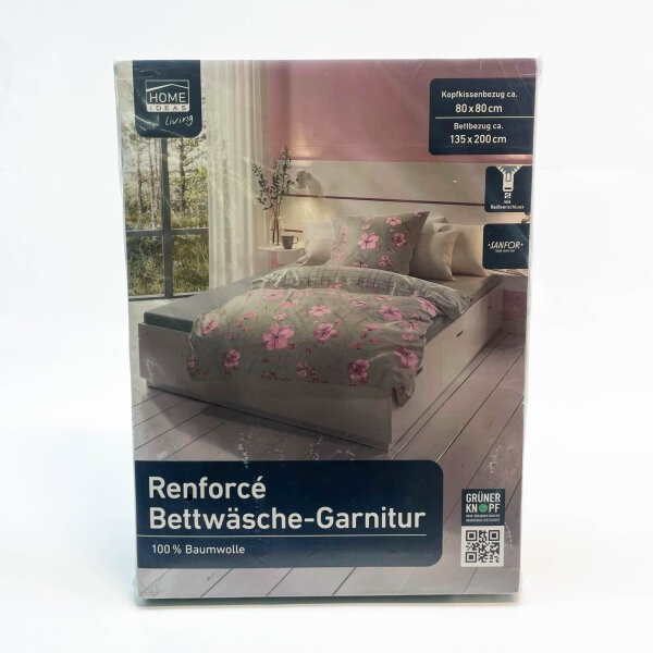 Home Ideas Living Renforce Bettwäsche-Garnitur, 100% Baumwolle, Kissenbezug 80x80cm, Bettbezug 135x200cm, atmungsaktiv, pflegeleicht.