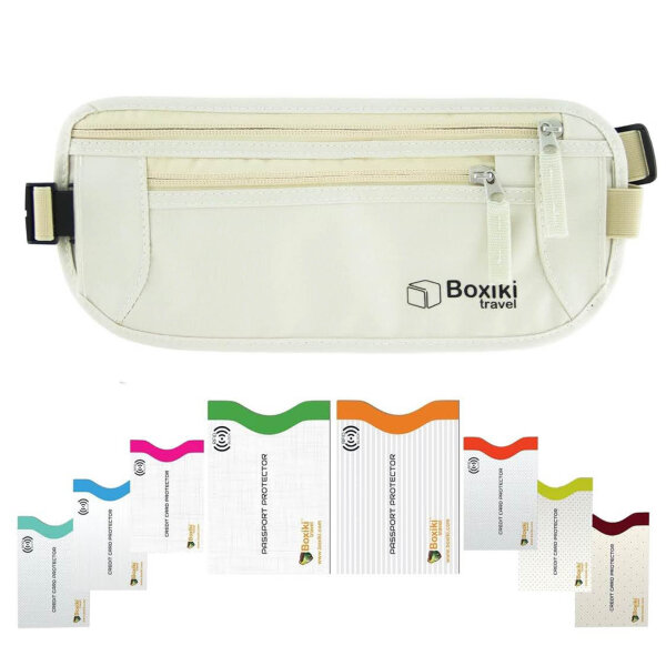 Boxiki Travel Marsupio Portasoldi Beige, RFID Navy Blue, Anti-Diebstahl, 2 Passumschläge, 6 Kreditkartenumschläge, kompakt und sicher.