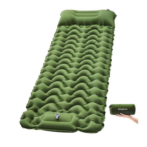 KingCamp self-inflating sleeping pad, 1 person, ultralight, integrated pillow, small pack size, ideal for camping and trekking, olive green.