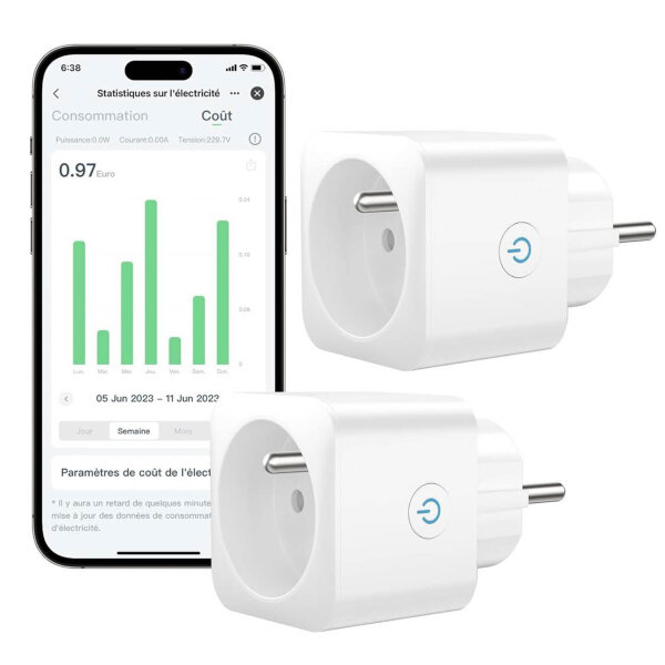 EIGHTREE WiFi Plug Socket, Programmable, 2 Pack, 16A, 3680W, Alexa/Google Home Compatible, Smart Life App, Usage Tracking.