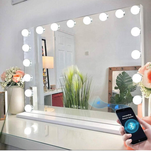 FENCHILIN, großer Beleuchteter Spiegel, Kosmetikspiegel, 18 Dimmer LED, 10-fach Vergrößerung, USB, 80x58 cm