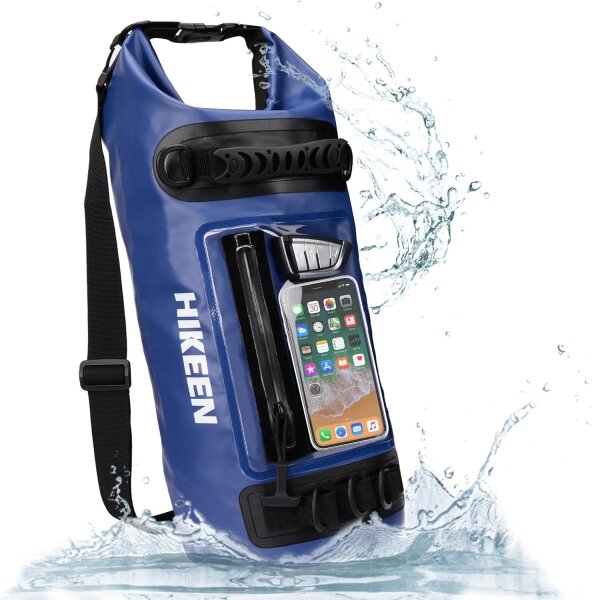 Bosteady 10L Rucksack, wasserdicht, Touchscreen-Hülle, Reißverschluss, ideal für Camping und Kajak, 3 Ringe, Blau.