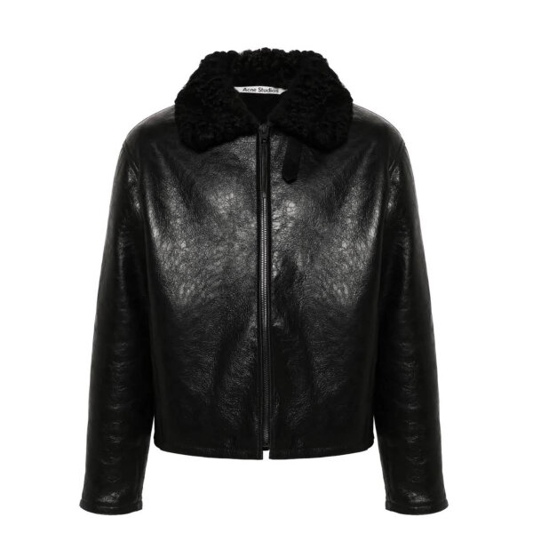 Acne Studios, Lederjacke, Lammleder, Shearling-Kragen, Knitteroptik, Schwarz, Größe 46 180/92 A