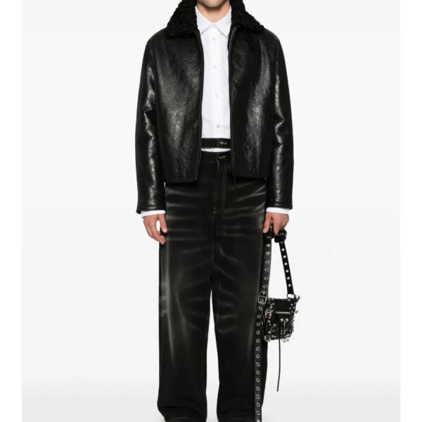 Acne Studios, leather jacket, lambskin, shearling collar, crinkled look, black, size 46 180/92 A
