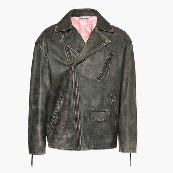 Acne Studios Liker biker jacket, relaxed fit, size 46, 100% cowhide, polyester filling, casual style.