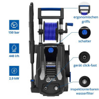 AR Blue Clean e-2000 HRD high pressure cleaner, 2000 W, 150 bar, 440 l/h, with drain cleaner probe and patio cleaner.