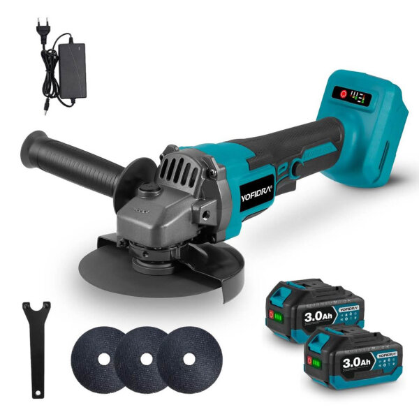 Yofidra 125mm Akku Winkelschleifer, 3 Gang, 21V, 5600rpm, inkl. 2x 3.0Ah Akku, 3 Trennscheiben, ideal für Metall, Fliesen, Stein.