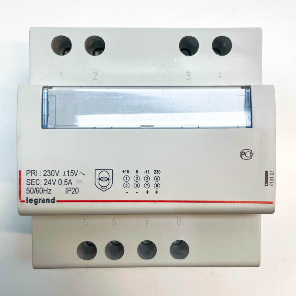 LEGRAND 4131 07, single-phase power supply, 230 V PRI, 24 V 0.5 A SEC, 50/60 Hz, IP20, compact design.
