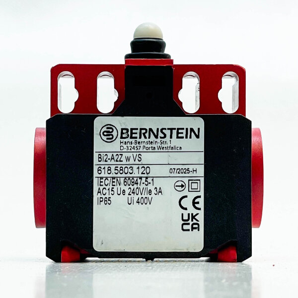 BERNSTEIN Bi2-A2Z w VS, Endschalter, 618.5803.120, AC15 240V/3A, IP65, Ui 400V, gemäß 60947-5-1.