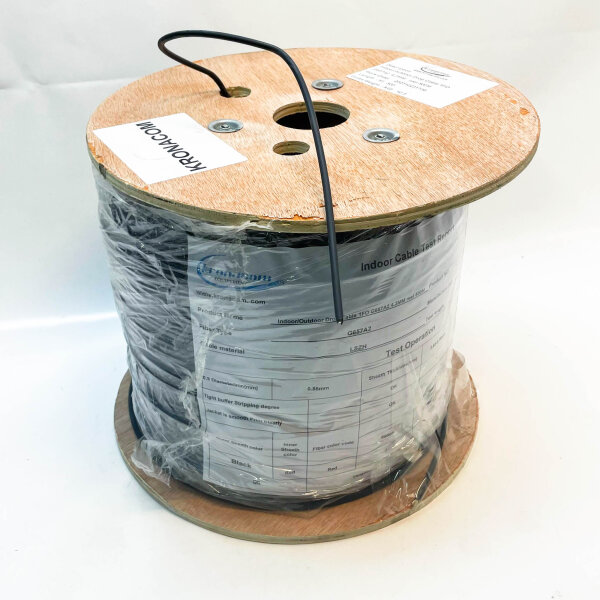 KRONACOM Indoor/Outdoor Drop Cable, G657a2, 4.3mm, 1FO, 500m Reel, 12.3kg, robust für vielseitige Anwendungen.