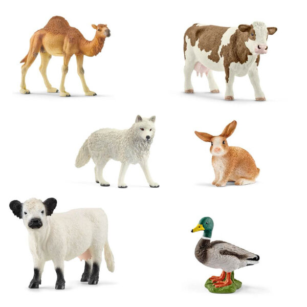 Schleich 6 animal set, Farm World, rabbit, polar wolf, drake, Fleckvieh cow, Galloway cow, dromedary – versatile animal figures for creative play.