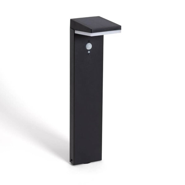 Schwarze Solar-LED-Pollerleuchte, 4 W, 3,7 V, 2200 mAh, 3000 K, IP44, ideal für Gartenbeleuchtung.