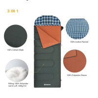 KingCamp Schlafsack 3-1 XXL, Deckenschlafsack, Baumwolle Flanell, bis -18°C, 230x90 cm, inkl. Kopfkissen, für 4 Jahreszeiten.