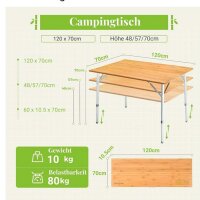 KingCamp Bambus Falt Tisch, Camping, klappbar, Aluminium, Holz, 3 Höhen verstellbar, ideal für Garten und Outdoor.