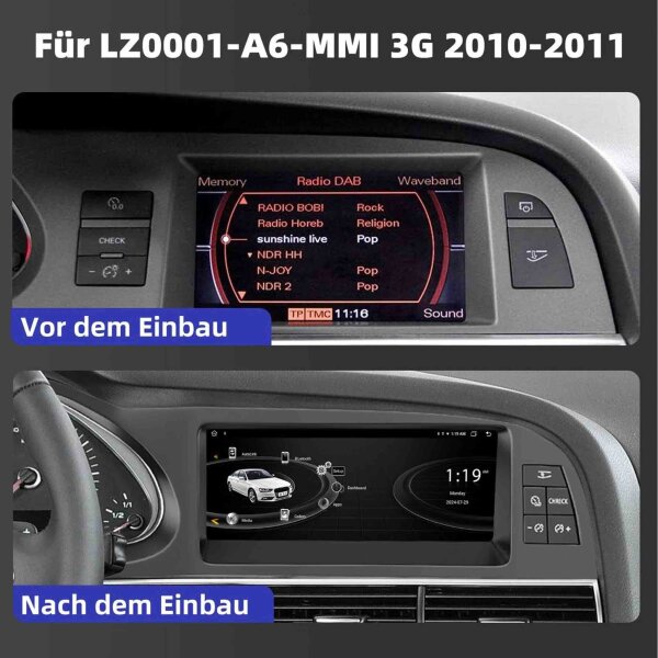 DAB+ DVR Android car radio 8.8" for AUDI A6 C6 MMI 3G (10-12) with CarPlay, GPS navigation, DSP, modern functions.