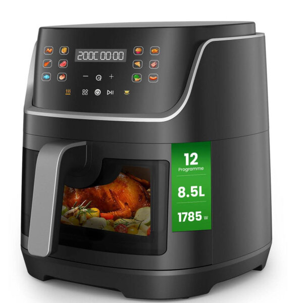 GIDGIMO air fryer, 8.5L, multifunction, viewing window, LED touchscreen, shake reminder, black.