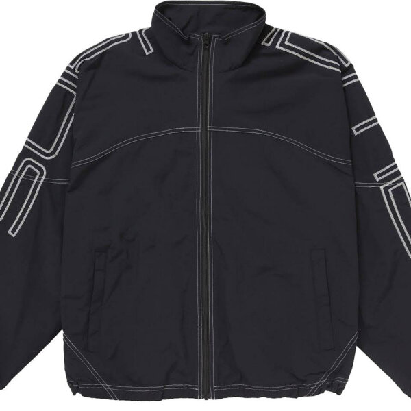Supreme Spellout Trainingsjacke, SS25, Schwarz, Größe L, mit Stickerei, sportlicher Stil, hochwertiger Stoff, modische Passform.