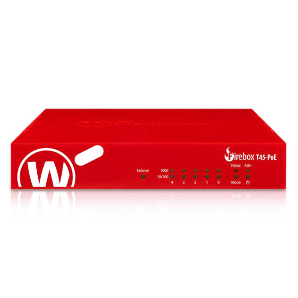 WatchGuard Firebox T45-PoE, network security, 5x GbE ports, PoE, firewall, VPN, high-speed traffic protection.
