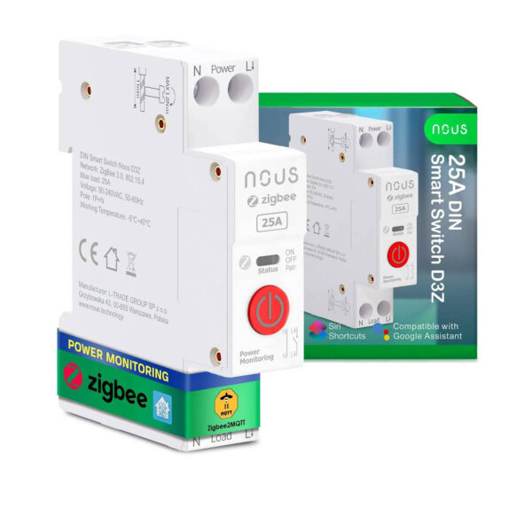 NOUS Zigbee DIN rail module 25A, consumption measurement, smart energy management, easy integration into smart home.