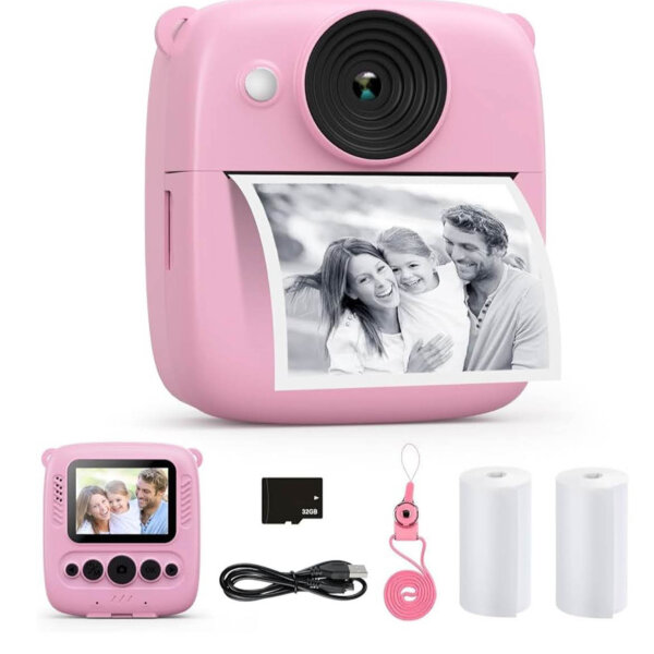 Kinderkamera, 48MP Sofortbildkamera, Digitalkamera, 1080P, 32GB Karte, Druckpapier, Geschenke für 3-12 Jahre (Rosa)