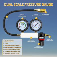 TU-21 Zylinder Leck Tester, Kfz-Kit, Kompressionstester, Doppelmanometer, 0-100PSI, Druckprüfung & Leckrate Test.