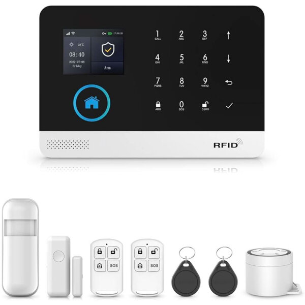 Smart home alarm system, model no. not available, security device, 2.4-inch display, WIFI/GSM/4G, with remote control and sensors.