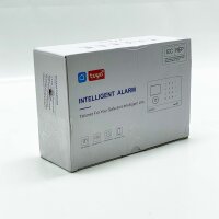 Smart home alarm system, model no. not available, security device, 2.4-inch display, WIFI/GSM/4G, with remote control and sensors.