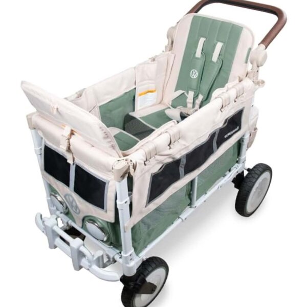 WonderFold VW2, KinderVan, 2 seater, foldable stroller, VW bumper, working headlights, all-terrain XL wheels, Sage Green.