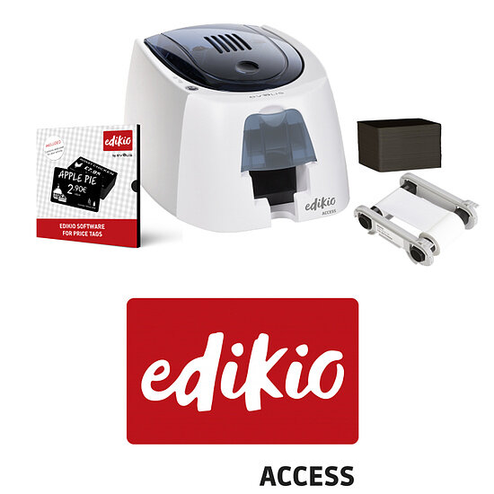 Edikio Access, single-sided card printer, ideal for price tags, compact, user-friendly, high-quality print.