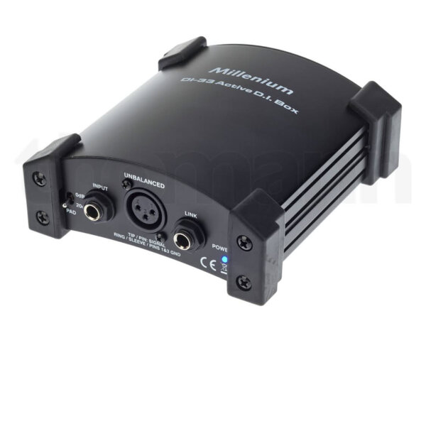 Di-Box Active: Millennium DI-33, aktiver DI-Box, hohe Klangqualität, robustes Gehäuse, ideal für Live-Performances.