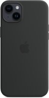Apple silicone case, iPhone 14 Plus, MagSafe, midnight blue, protects against impacts, grippy material.