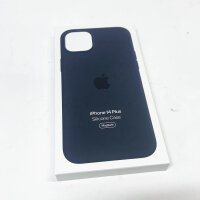 Apple silicone case, iPhone 14 Plus, MagSafe, midnight blue, protects against impacts, grippy material.