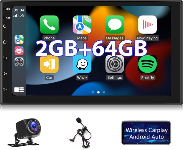 Hodozzy Autoradio 2G+64G, 7 Zoll Touchscreen, Wireless Carplay, Android Auto, GPS, Bluetooth, FM, RDS, Doppel Din, inkl. ISO-Adapter.