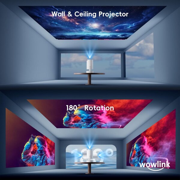 Mini Beamer 4K 1080P, tragbar mit WiFi 6, Bluetooth 5.4, 180° Keystone, kompatibel mit HDMI/TV Stick/Laptop, weiß.