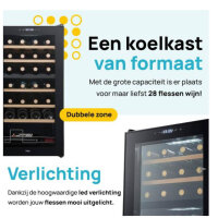 MOA Weinkühler, 28 Flaschen, 2 Temperaturzonen, Schwarz, ideal für Weinliebhaber, elegantes Design, effiziente Kühlung.