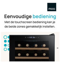 MOA Weinkühler, 28 Flaschen, 2 Temperaturzonen, Schwarz, ideal für Weinliebhaber, elegantes Design, effiziente Kühlung.