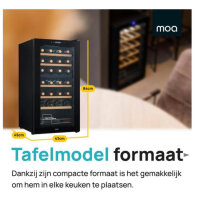 MOA Weinkühler, 28 Flaschen, 2 Temperaturzonen, Schwarz, ideal für Weinliebhaber, elegantes Design, effiziente Kühlung.