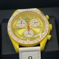 Swatch Omega x Moon Mission to the Sun, Speedmaster, Uhr, gelbes Design, limitierte Edition, Mond-Thema, Quarzwerk.