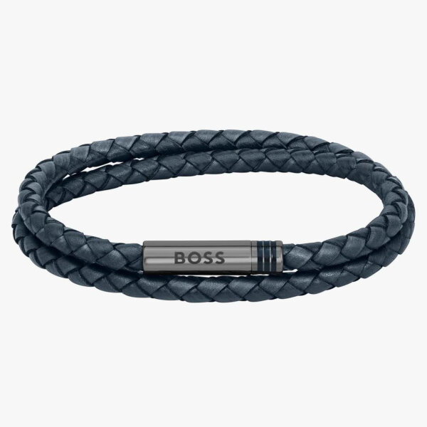 BOSS, 1580494M, bracelet, double braided leather, dark blue, stylish and robust.