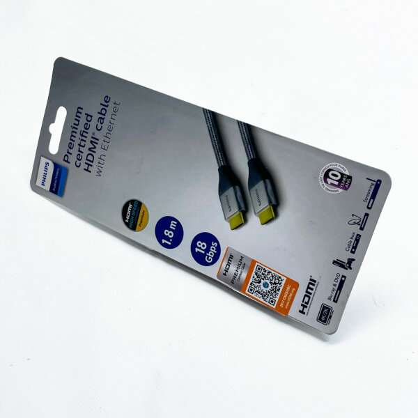 Philips High-Speed ​​HDMI Cable, 1.8 m, HDMI 2.0, Ethernet support, 4K UHD, 3D compatible, flexible design.