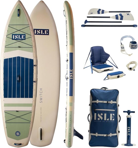 ISLE Switch, hybrid kayak, 2-in-1, inflatable, including kayak seat, paddle, hand pump, travel bag, versatile and portable.